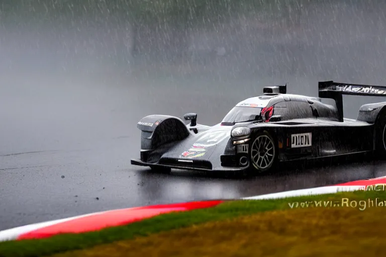 Prompt: detailed photo of the porsche 9 1 9 in heavy rain at circuit de spa - francorchamps, motorsports photography, photo by rainer w. schlegelmilch