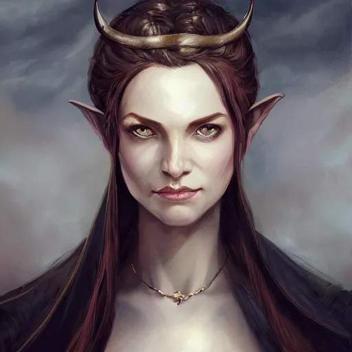 Image similar to a detailed matte head - on portrait painting of an middle - aged half - tiefling noblewoman with golden eyes and short well kept hair, by charlie bowater, lise deharme, wlop, tending on arstation, dungeons and dragon, dnd, pathfinder, fanart, oil on canvas