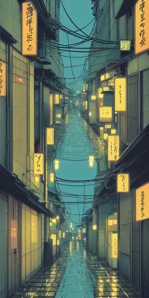 Image similar to symmetry!!! tokyo alleyway, rainy day, lights, by cory loftis, makoto shinkai, hasui kawase, james gilleard, beautiful, serene, peaceful, golden curve composition