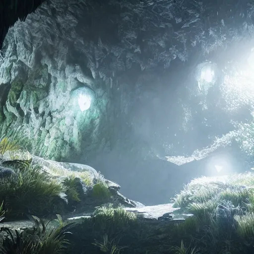 Image similar to overgrown cave made of white paper, crystal lighting, mystical, hyperrealistic, 4 k, unreal engine, highly detailed, dramatic lighting, magical,