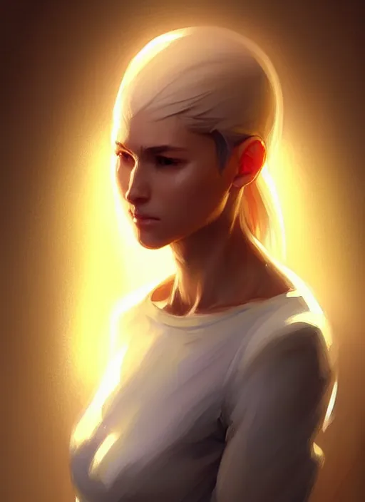 Image similar to digital character concept art by artgerm greg rutkowski sylvain sarrailh. clear portrait of a shy modern wife blessed by god to grow immaculately fertile and perfect!! blonde, in clothes! holy body! light effect. hyper detailed, glowing lights!! intricate, elegant, digital painting, artstation, smooth, sharp focus