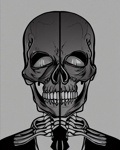 Prompt: dramatic line - art portrait of a skeleton in a suit, color glow, intense shading