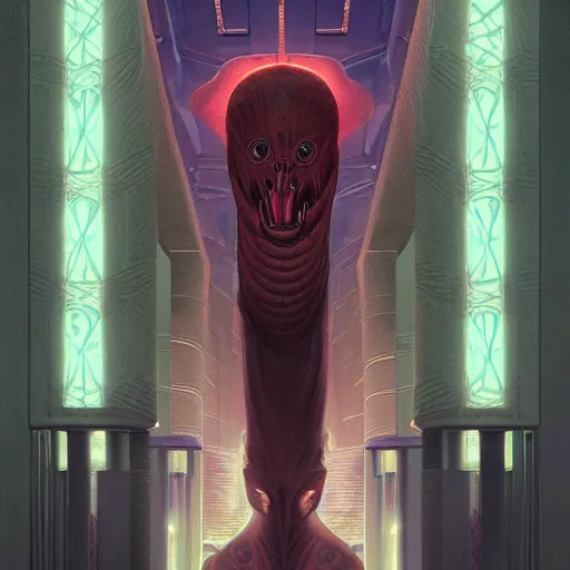 Image similar to portrait of tall, long-necked lipless mutant with scaled face and serpent eyes wearing gauze toga and standing in cyberpunk art deco mosque, alien bestiary by Barlowe, Greg Rutkowski, and Yoshitaka Amano