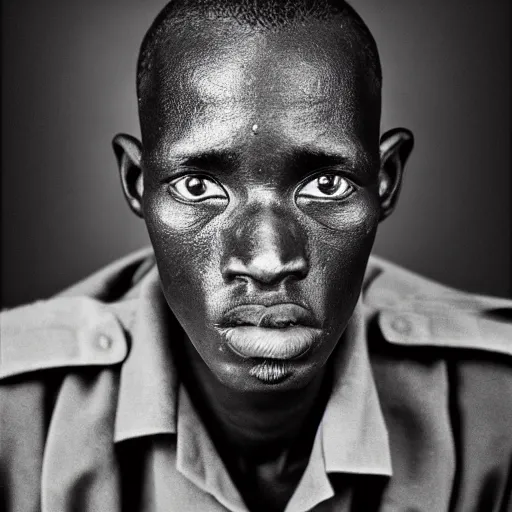 Prompt: black and white photo, portrait of rwandan soldier by richard avedon, realistic, Leica, medium format, cinematic lighting, parallax, high resolution,