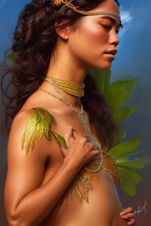 Image similar to body portrait of hawaiian princess wearing a lea, by terry o'neill intricate, elegant, highly detailed, digital painting, glistening skin, artstation, concept art, smooth, sharp focus, contrasting lighting, bright colors, dark background, illustration, art by artgerm and greg rutkowski and alphonse mucha, 8 k