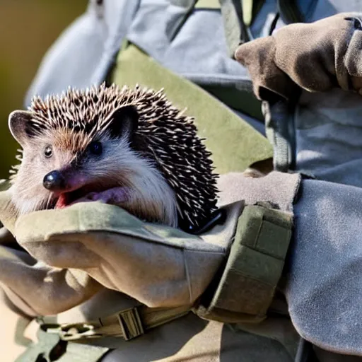 Image similar to still image of a hedgehog wearing body armor, hedgehog soldier, the hedgehog is holding a rifle, photo
