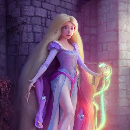 Prompt: rapunzel with her long beautiful hair wrapping around her body, huggy wuggy from poppy playtime video game, fullbody, ultra high detailed, glowing lights, oil painting, greg rutkowski, charlie bowater, beeple, unreal 5, daz, hyperrealistic, octane render, rpg portrait, dynamic lighting, fantasy art, beautiful face