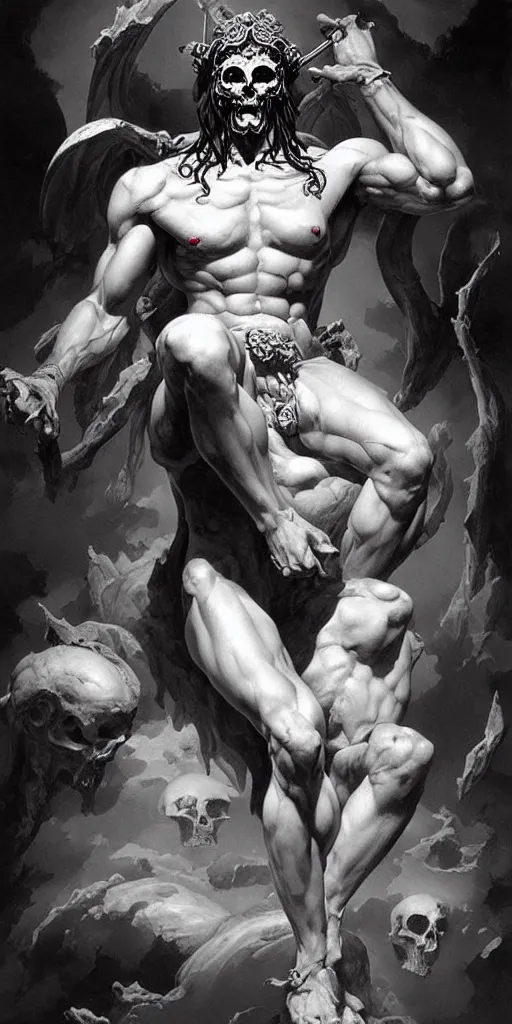 Image similar to Ancient Greek God of Death, dark art, by Artgerm, Frank Frazetta