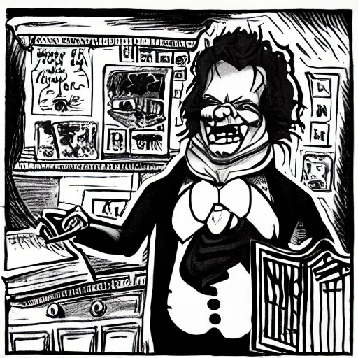 Image similar to a Pop Wonder scary horror themed goofy-hilarious-character Beethoven, dime-store-comic drawn with charcoal and pen and ink, half-tone-line-stacking