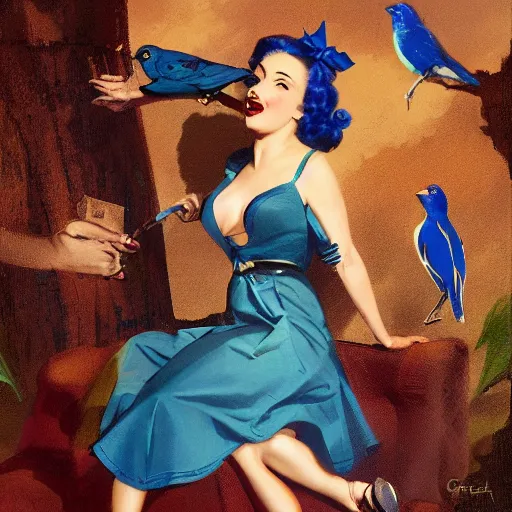 Image similar to portrait of a pinup girl holding an indigo bunting, bird, the bird is wearing a bowtie, by greg rutkowski, rossdraws, gil elvgren, enoch bolles