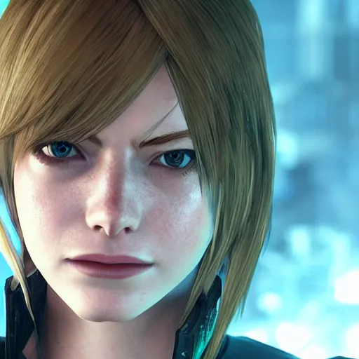 Image similar to emma stone in final fantasy vii remake, character render, full body shot, highly detailed, in game render