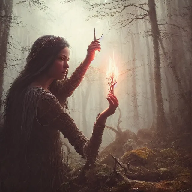 Image similar to close up portrait of a beautiful female witch casting a spell, magical forest background fantasy atmosphere. art by greg rutkowski. highly detailed, intricate, lifelike. sci - fi, fantasy, magical, nikon d 8 5 0.