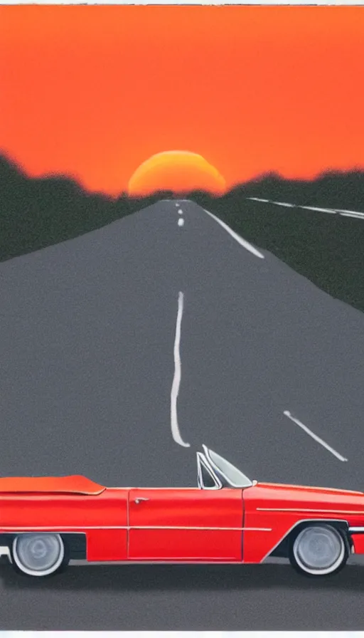 Prompt: polaroid of a 1 9 6 3 red cadillac convertible in the distance driving down empty highway into an orange sunrise, oil pastel, high detail, realistic, vintage, surrealcore, 4 k