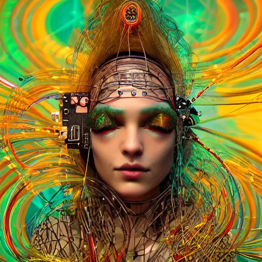 Image similar to give me a higher love, piles of modular synth cables, puerto rican goddess swimming up wearing a headpiece made of circuit boards, by cameron gray, wlop, stanley kubrick, masamune, hideki anno, jamie hewlett, unique perspective, trending on artstation, 3 d render, vivid