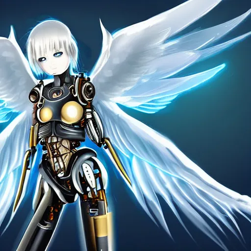 Image similar to cute small cyborg - angel girl with large angelic wings, left eye gold and right eye silver, biomechanical details, wearing epic bionic cyborg implants, digital cyberpunk - anime art, full body shot