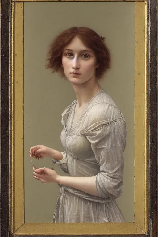 Prompt: Pre-Raphaelite portrait of a young beautiful woman with blond short-hair and grey eyes who works as an architect