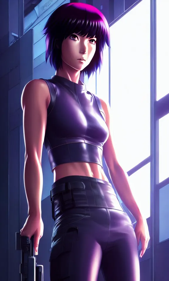 Image similar to a fullbody portrait of motoko kusanagi the major ghost in the shell : : stand alone complex, under repairs, maintenance : : by ilya kuvshinov, rossdraws, artgerm, sola digital arts, anti aliasing, raytracing : :