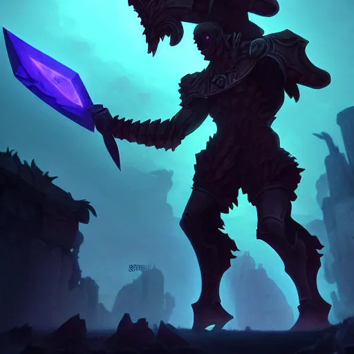 Prompt: Illustration of a Giant (Sentinal) holding the (blade) of the ruined king, digital art, (ruins), glow in the dark, (ethereal), the (void,) ominous, fear, very detailed, trending on artstation, high definition, by (Riot Games), League of legends