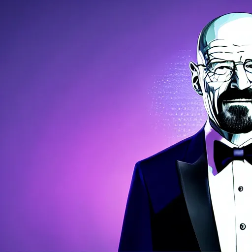 Prompt: portrait of walter white in a tuxedo, laughing in a modern night club, neon lights