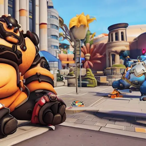 Image similar to Roadhog from Activision Blizzard’s Overwatch video game eats at McDonald’s with Obama