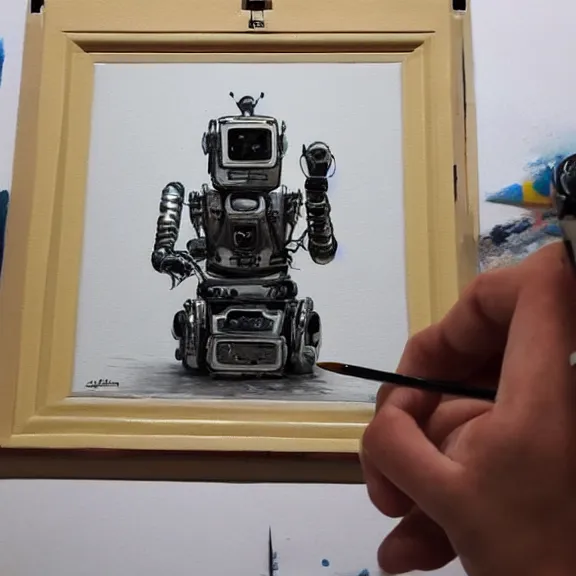 Image similar to robot artist painting a self - portrait on a canvas. intricate, highly detailed, photorealistic, film still, by greg rutkowski.