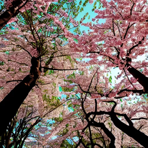 Prompt: looking up from under the cherry blossom trees f / 1. 9 6. 8 1 mm iso 4 0