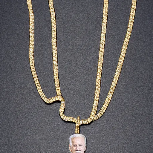 Prompt: gold and diamond crusted necklace necklace shaped like joe biden, rapper jewelry, 2 4 k diamonds