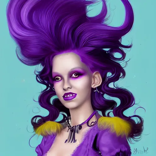 Image similar to Glam hair, rococo, 80s hair, Elf girl with purple skin, alien skin, purple elf, purple, purple-skinned elf, yellow hair, hairspray, big hair, wild hair, glam make-up, 80s, illustration, fantasy art, trending on ArtStation, 1980s fantasy art