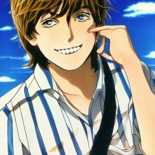 Image similar to anime illustration of young Paul McCartney from the Beatles, wearing a blue check shirt, long sideburns, on a yacht at sea, smiling at camera, ufotable