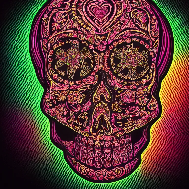 Image similar to a highly detailed photographic render of intricately carved sugar skull, psychedelic, black background, neon light, intricate ornament, gilding, horror, dark fantasy, beautifully lit, ray traced, octane 3D render in the style of Gerald Brom and James Gurney, sharp focus, HD, 8k