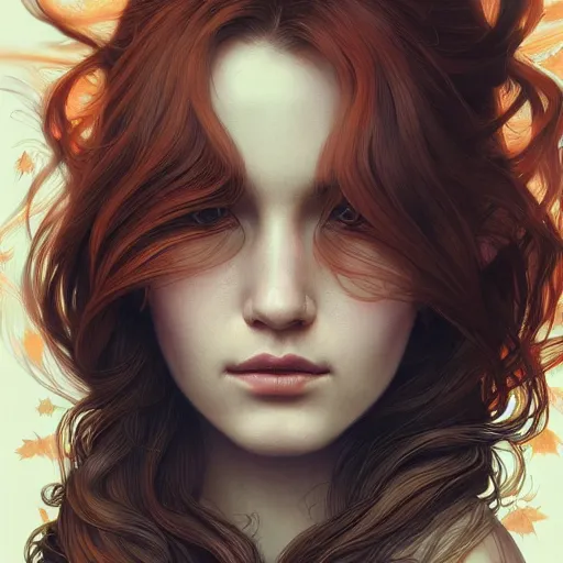 Image similar to girl with super long hair, hair becoming autumn red leaves, intricate, highly detailed, digital painting, artstation, concept art, smooth, sharp focus, illustration, unreal engine 5, 8 k, art by artgerm and greg rutkowski and alphonse mucha