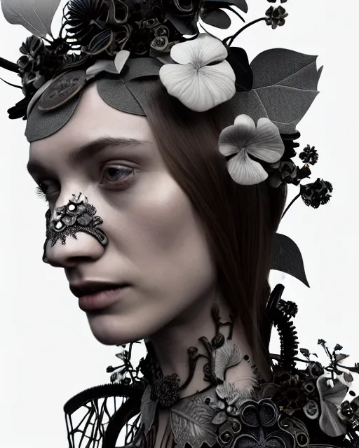 Image similar to monochrome 3 d model, floral steampunk biomechanical beautiful young female cyborg with porcelain profile face and a techno eye, volumetric light, leaves foliage and stems, hibiscus flowers, boho floral vines, sinuous fine roots, fine foliage lace, alexander mcqueen, rim light, gothic fashion pearl embroidered collar, octane render, bw, 8 k