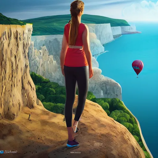 Prompt: woman staring out over the cliffs of dover, beautiful sunshiney day, active wear, hot air balloon, incredible detail, vray rendering, high octane, trending on artstation, high level detail, concept art, cinematic masterpiece, fineline artistry