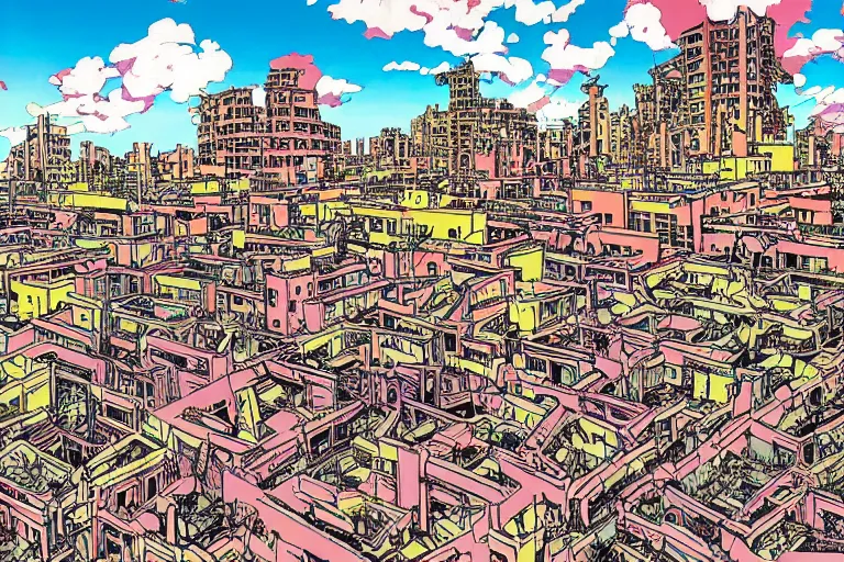 Image similar to The Stalingrad ruins | Colorfull pop art | art by Hirohiko Araki | Hirohiko Araki | Anime wallpaper | funky | colorful | cityscape | destroyed buildings | Stalingrad ruins | digital art