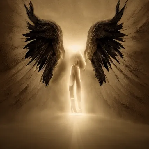 Prompt: abstract digital character art, fallen angel crouched down in a pillar of light, wings open, high contrast hd optics, 8 k dop dof, by bastion lecouffe - deharme