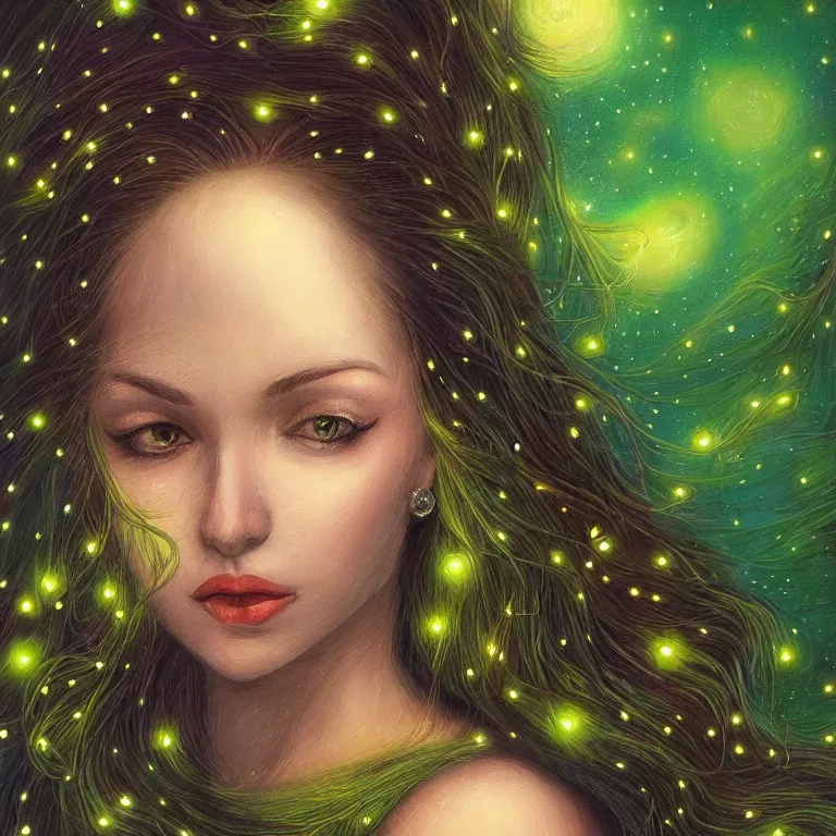 Prompt: beautiful portrait of a woman with beautiful eyes and fireflies and stars in her hair, blooming green slopes and lianas in the background, highly detailed, fantasy art