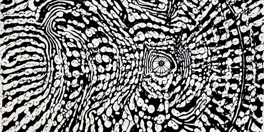 Image similar to deconstructed eye camo, technical, acrylic, centered burst, teeth, eerie, tribal, clay, dotting, lines, stipple, points, cybernetic, style of old painting, francis bacon art, sleep paralysis, hypnosis, eerie, terror, oil, neon, black and white, splotches, colorful dots, ominous, abstract