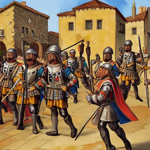 Image similar to line of renaissance soldiers in brightly colored uniforms with halberds as musketeers fire behind them, they are in a tight street surrounded by medieval stone buildings, dying earth, illustration, rpg