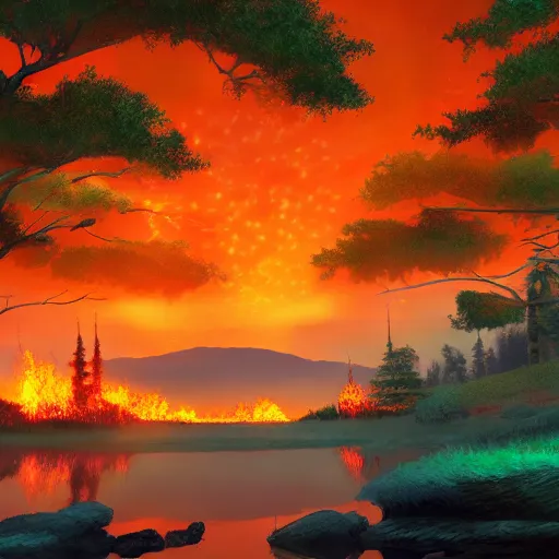 Image similar to lake on fire, trending on artstation, anime 4 k