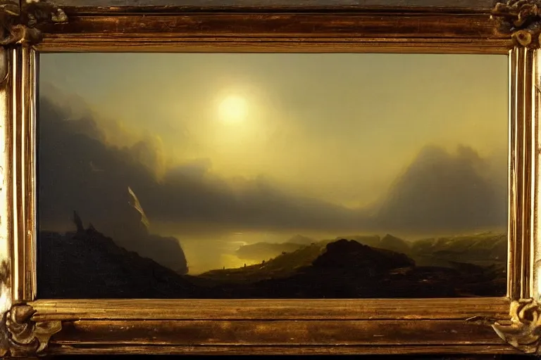 Image similar to sci-fi landscape, dramatic lighting, hudson river school painting, cinematic