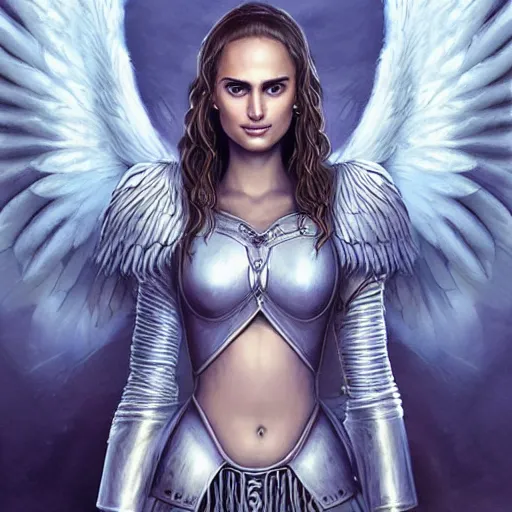 Prompt: portrait of young aasimar angel valkyrie warrior girl maiden wearing comfy leather armor with beautiful feathered angel wings, blue eyes, beautiful face, Natalie Portman, Emily Ratajkowski, innocent, intricate, elegant, highly detailed, ultradetailed, hyperdetailed, artstation, concept art, smooth, sharp focus, illustration, art by artgerm and greg rutkowski and Rossdraws and Bluesssatan and Mandy Jurgens