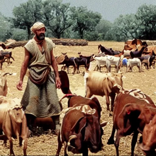 Prompt: cinematic still of farmer in ancient canaanite clothing working with oxen in the field, directed by steven spielberg