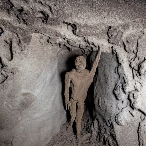 Image similar to found footage of a humanoid made of grayish clay emerging from a wall inside of a cave made of grayish clay, creepy, flash photography, unsettling, moist