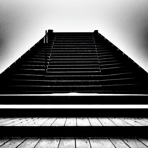 Image similar to black and white surreal photograph, highly detailed vast space made of stairsteps, sideview, detailed textures, natural light, mist, architecture photography, film grain, soft vignette, sigma 1 4 mm f / 1. 4 1 / 1 0 sec shutter, imax 7 0 mm footage