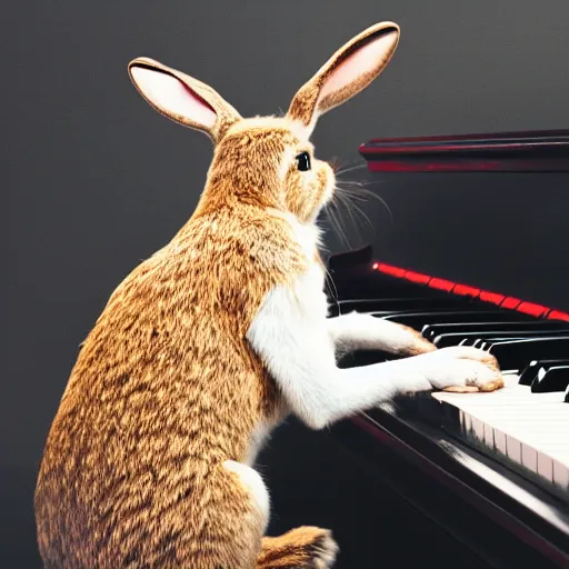 Prompt: a blind rabbit with sunglasses plays the piano in the style of ray charles. award winning photography, 5 0 mm