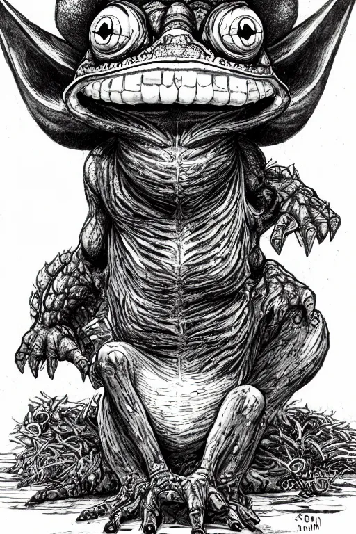 Image similar to toad goblin, symmetrical, highly detailed, digital art, sharp focus, trending on art station, kentaro miura manga art style