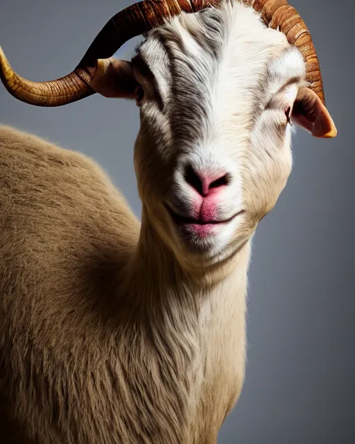 Prompt: headshot of satyr looking angry ellen degeneres with yellow goat like eyes, goat horns, and large goat ears, studio lighting, 8 k, photo shoot, 9 inch kershaw soft focus lens f / 5. 6