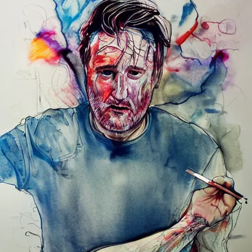 Image similar to bill pullman eating giant hamburgers full body by agnes cecile, pastel light colours, ink drips, autumn lights