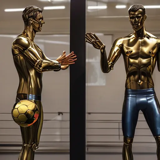 Image similar to a realistic detailed photo of a guy who is an attractive humanoid who is half robot and half humanoid, who is a male android, attractive and handsome soccer players, shiny skin, posing like a statue, blank stare, in a factory, on display, showing off his muscles, gold soccer shorts, side view, looking at each other mindlessly