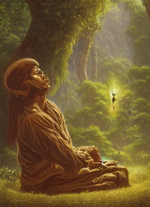 Prompt: an indigenous man sitting and praying in the jungle, while spirits of his ancestors watch over him from above, art by christophe vacher